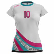 Koszulka siatkarska damska Jump 2 biało-różowo-turkusowa